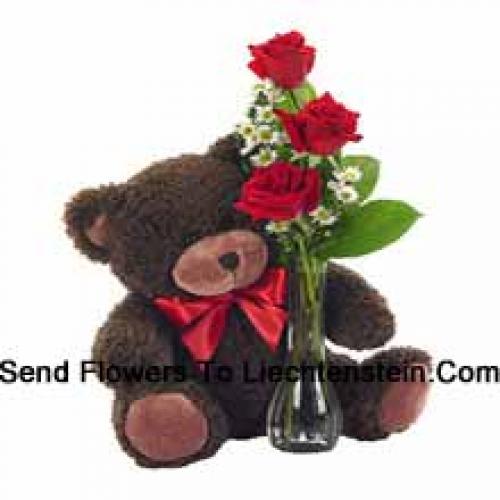 3 Roses Rouges avec un Magnifique Ours en Peluche de 14 Pouces