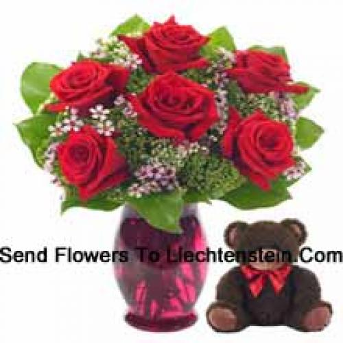 7 Red Roses with Cute 14 Inch Teddy