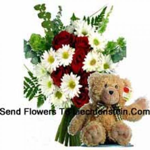 Rosen und Gerberas mit 12 Zoll Teddy