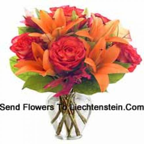 Orange Lilies and Orange Roses in Vase