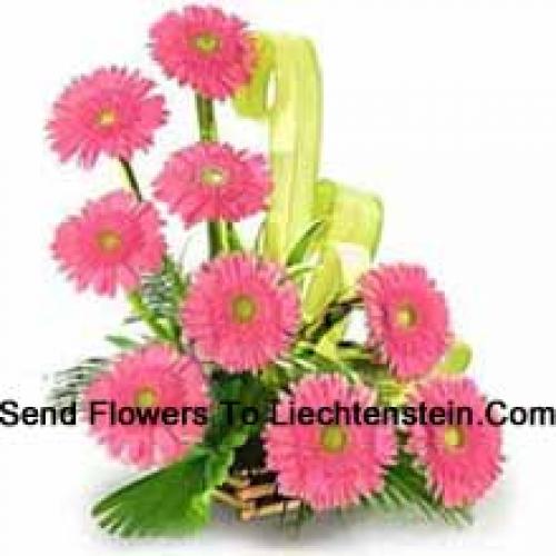 Basket Containing 9 Pink Gerberas