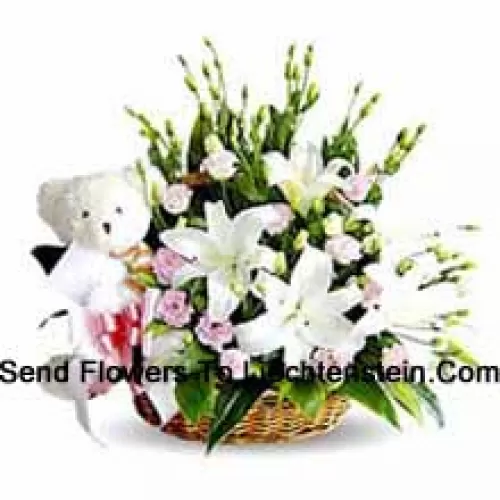Basket Of Lilies And Carnations Accompanied With A Cute White Teddy Bear