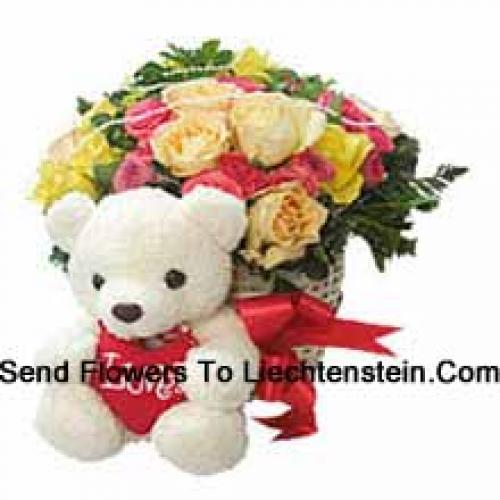 25 Mixed Roses with Teddy