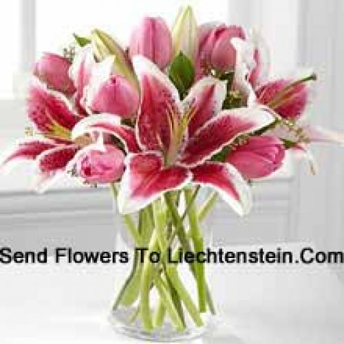 Pink Lilies and Tulips in Vase