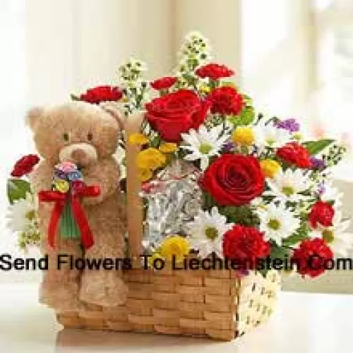 Panier de fleurs assorties et un mignon ours en peluche brun de 6 pouces