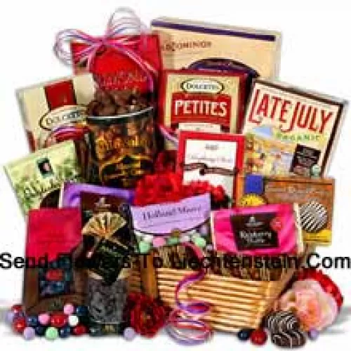 Valentijnscadeaumand met chocolade wafer petites, chocolade amandel pecan-dy, Engelse toffeesingles, gourmet donkere chocolade gedoopte koekjes, chocolade bedekte kersen en bosbessen, donkere chocolade frambozentruffelgevulde reep, Hollandse muntjes, biologische donkere chocolade sandwichkoekjes, donkere chocolade bedekte rozijnen, chocolade gedoopte toffee pinda's, chocolade wafelrolletjes, melkchocoladereep met drievoudige noten, amandelroca-boterkrakeling, donkere chocolade frambozenstokjes (Let op: we behouden ons het recht voor om een product te vervangen door een geschikt product van gelijke waarde in geval van niet-beschikbaarheid van een bepaald product)