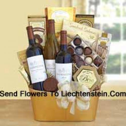 Basket Containing 3 Wines and Snacks