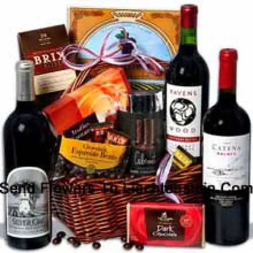 This Exclusive Gift Basket Includes Ravenswood Cabernet Sauvignon ? 750 ml, Catena Malbec Mendoza ? 750 ml, Silver Oak Alexander Valley Cabernet Sauvignon ? 750ml, Signature Dark Chocolate Bar By Lake Champlain, Dark Chocolate Espresso Beans By Marich, Chocolatier Truffles Fantaisie by Guyaux Chocolates, Mocha Chocolate California Wine Wafer by Sacramento Cookie Co, Cabernet Flavored Dark Chocolate Gel Sticks by Sweet Candy Co and Brix Bites by Brix. (Contents of basket including wine may vary by season and delivery location. In case of unavailability of a certain product we will substitute the same with a product of equal or higher value)