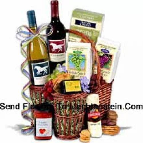 This Gift Basket Includes Wild Horse - Cabernet Sauvignon?- 750ml, Wild Horse - Chardonnay?- 750ml, Hors Doeuvre Deli Style Crackers by Partners, Hickory & Maple Smoked Cheese by Sugarbush Farm, Butcher Wrapped Summer Sausage by Sparrer Sausage Co, Tomato Bruschetta by Elki, Red Wine Biscuit by American Vintage and White Wine Biscuit by American Vintage.  (Contents of basket including wine may vary by season and delivery location. In case of unavailability of a certain product we will substitute the same with a product of equal or higher value)