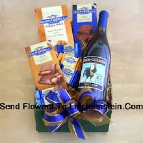 This Gift Basket includes A bottle of fine California Cabernet, Ghirardelli chocolate squares and Ghirardelli chocolate bars in milk and caramel. (Contents of basket including wine may vary by season and delivery location. In case of unavailability of a certain product we will substitute the same with a product of equal or higher value)
