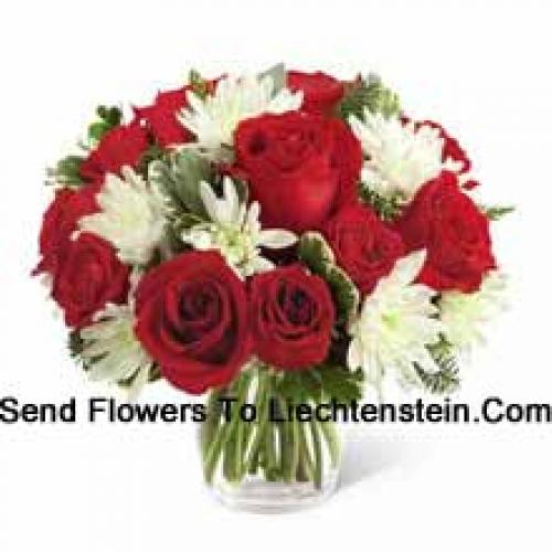 Red Roses and Cute chrysanthemums in Vase