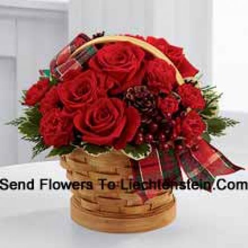 Wooden Basket of Roses and Carnations with Assorted Flowers