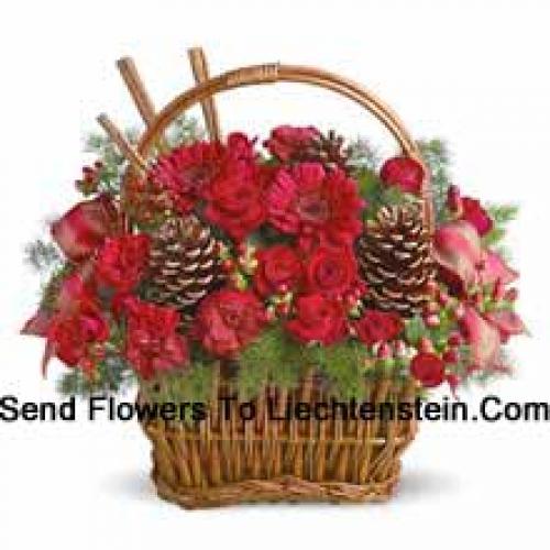 Beautiful Basket of Red Flowers with Pinecones